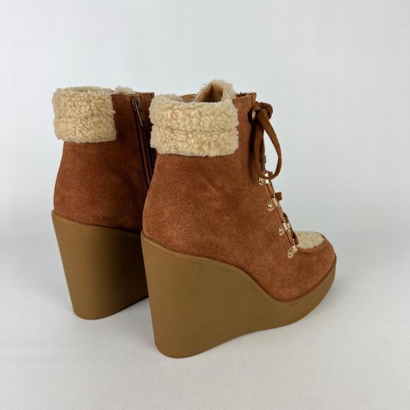 Jessica Simpson Maelyn Brown Suede Wedge Bootie Shearling Lace Up Zip size 8 - Picture 13 of 16